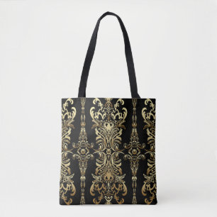 Tote Bag Motif continu floral damassé or avec arabesque