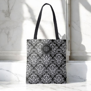 Tote Bag Motif Damas noir et blanc avec Monogramme