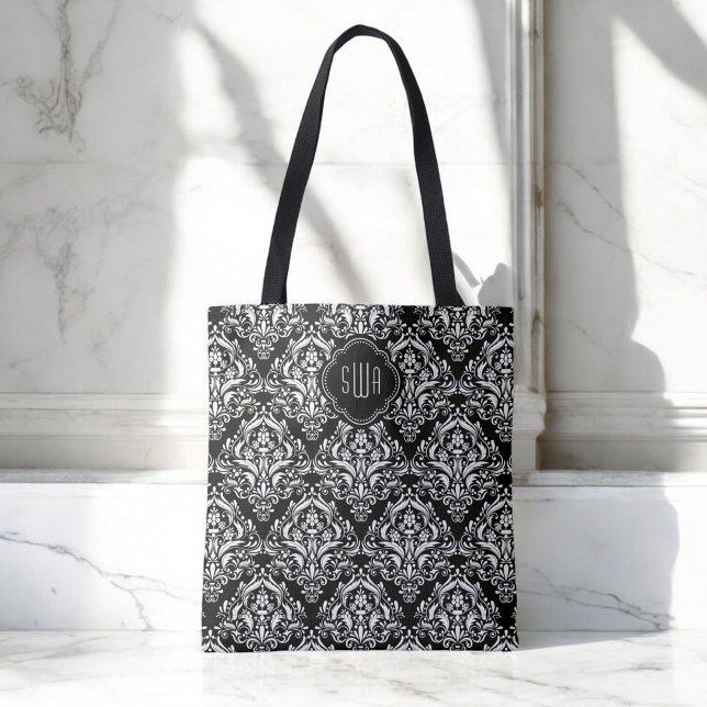 Tote Bag Motif Damas noir et blanc avec Monogramme (Personalize this elegant tote with your monogram initials.)