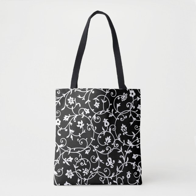 Tote Bag Motif Damas victorien, noir et blanc, (Devant)