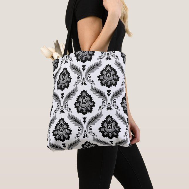 Tote Bag Motif Damassé Rococo Gris Noir Blanc (De près)