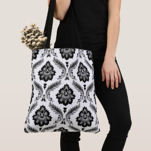 Tote Bag Motif Damassé Rococo Gris Noir Blanc