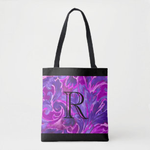 Tote Bag Motif damassé rose violet avec monogramme
