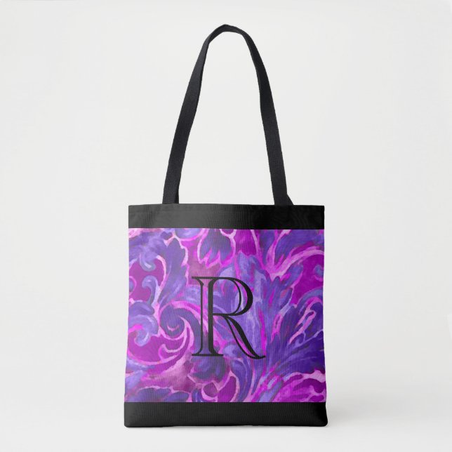 Tote Bag Motif damassé rose violet avec monogramme (Devant)