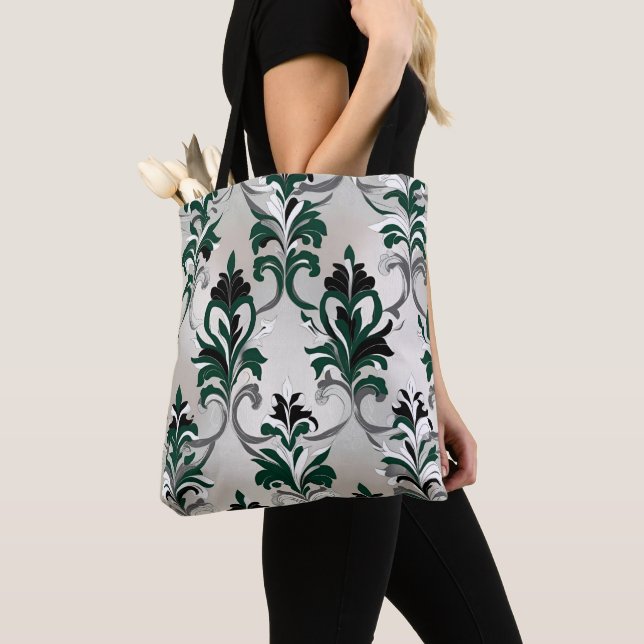Tote Bag Motif damassé vert, argent et noir (De près)