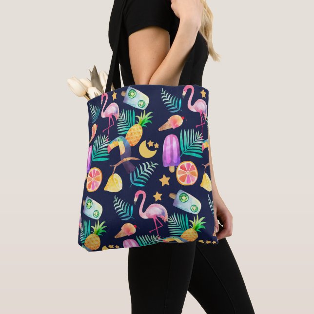 Tote Bag Motif d'ananas aux oiseaux tropicaux (De près)