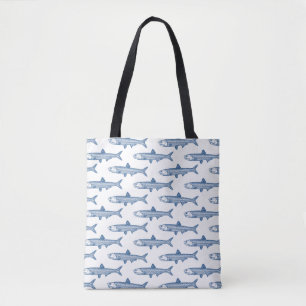 Tote Bag Motif d'anchois - bleu Shibori sur blanc