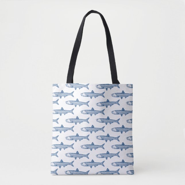 Tote Bag Motif d'anchois - bleu Shibori sur blanc (Devant)