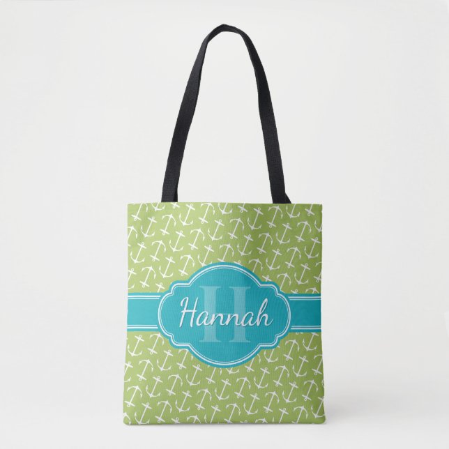 Tote Bag Motif d'Ancre blanc vert Turquoise Monogramme (Devant)