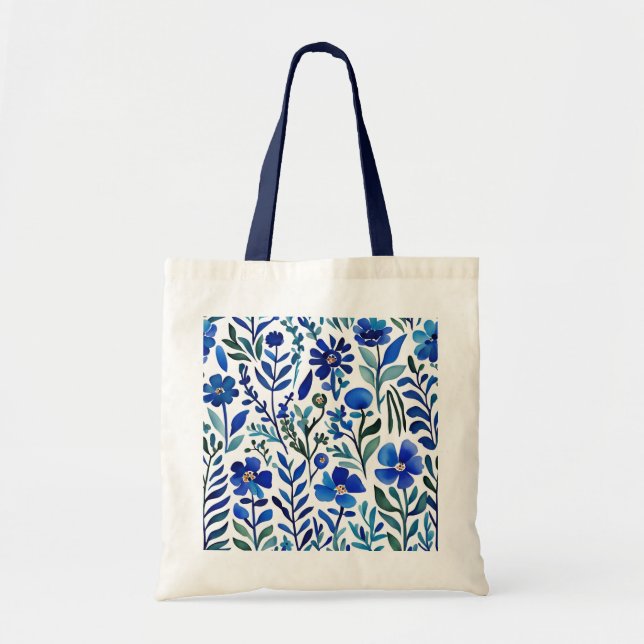 Tote Bag Motif d'aquarelle aux fleurs bleues (Devant)
