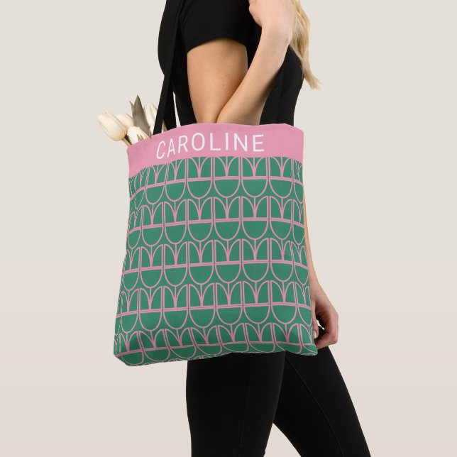 Tote Bag Motif d'art de la ligne florale verte et rose (De près)