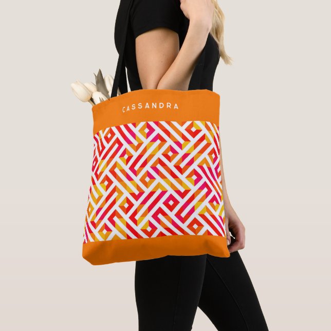 Tote Bag Motif d'art rétro rouge rose orange jaune personna (De près)