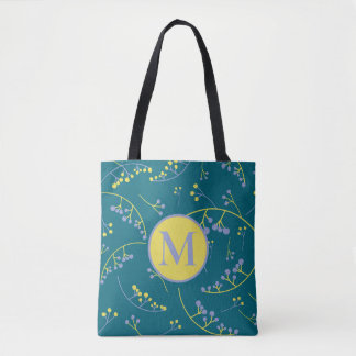 Tote Bag Motif de baies jaune lilas élégant monogramme