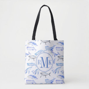 Tote Bag Motif de baleine bleue d'aquarelle