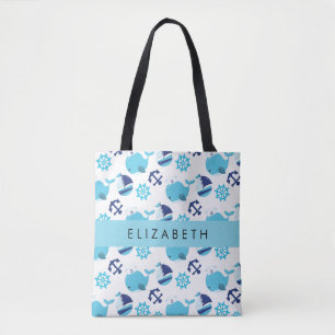 Tote Bag Motif De Baleines, Baleines Bleues, Votre Nom