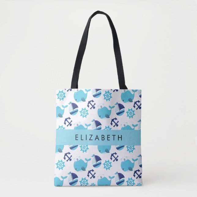 Tote Bag Motif De Baleines, Baleines Bleues, Votre Nom (Devant)