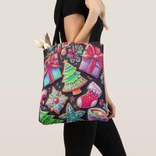 Tote Bag Motif de biscuits de Noël décorés dessin à la crai