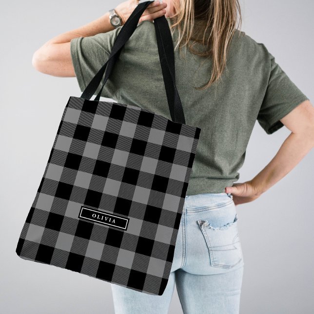 Tote Bag Motif de Buffalo Gris Plaid Monogramme (Créateur téléchargé)