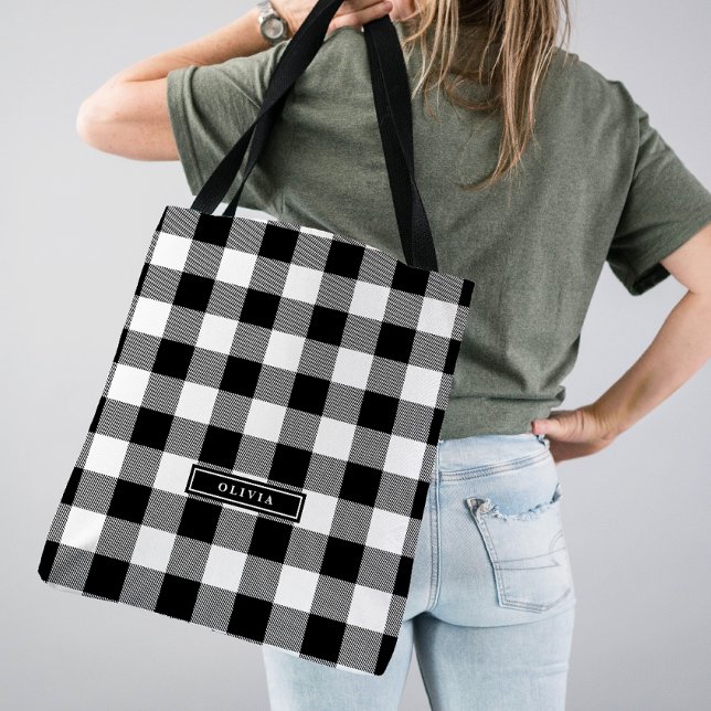 Tote Bag Motif de Buffalo Noir Plaid Monogramme (Créateur téléchargé)