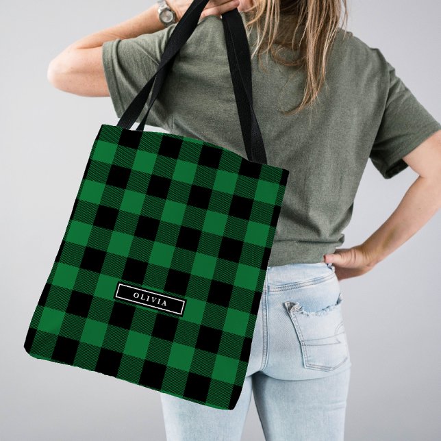 Tote Bag Motif de Buffalo Vert Plaid Monogramme (Créateur téléchargé)