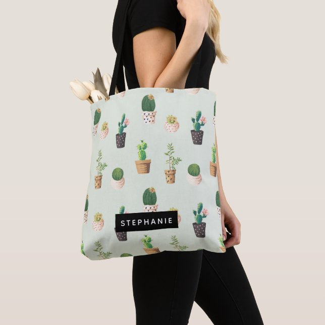 Tote Bag Motif de cactus en pot succulent personnalisé (De près)