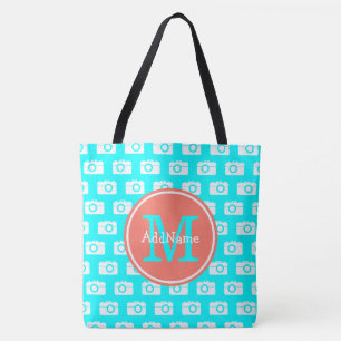 Tote Bag Motif de caméra Monogram Aqua avec nom personnalis