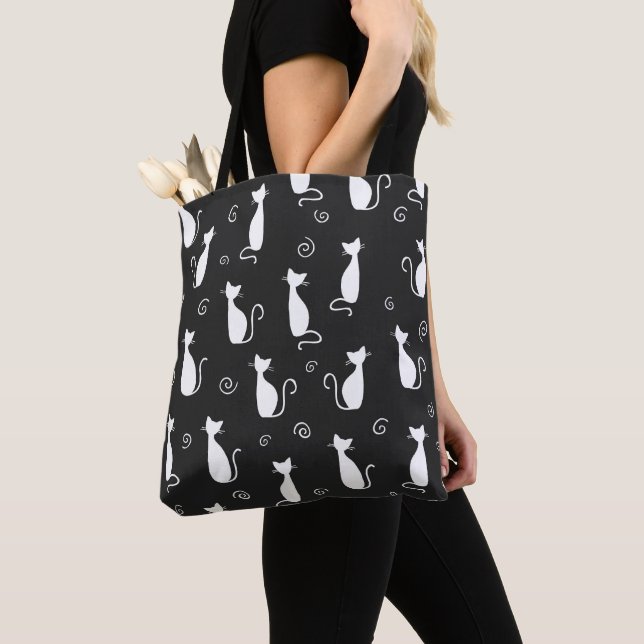 Tote Bag Motif de chats blancs sur noir (De près)