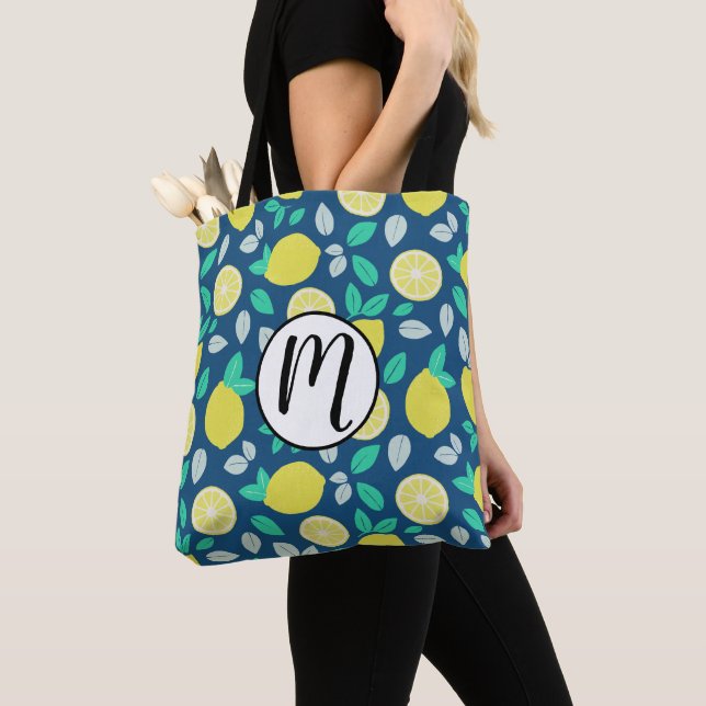 Tote Bag Motif de citron d'été en bleu marine (De près)