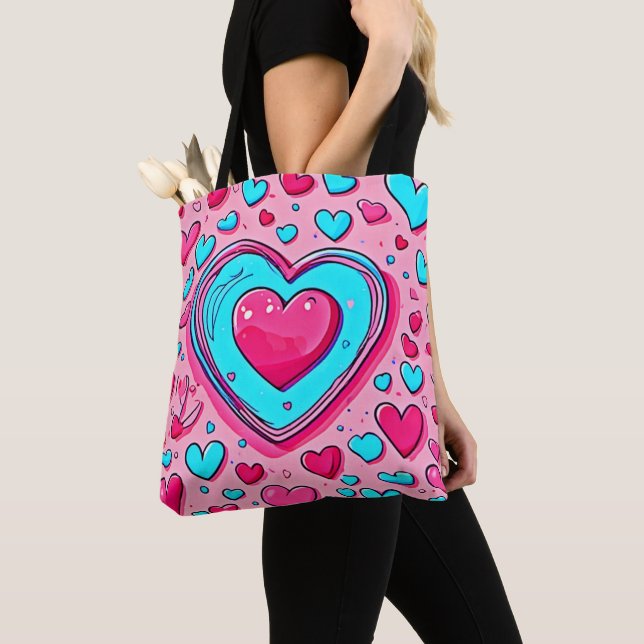 Tote Bag Motif de coeur bleu rose (De près)