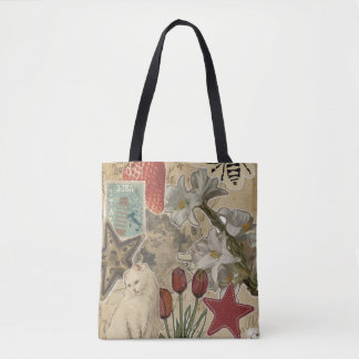 Tote Bag Motif de collage floral de chat – Conception artis