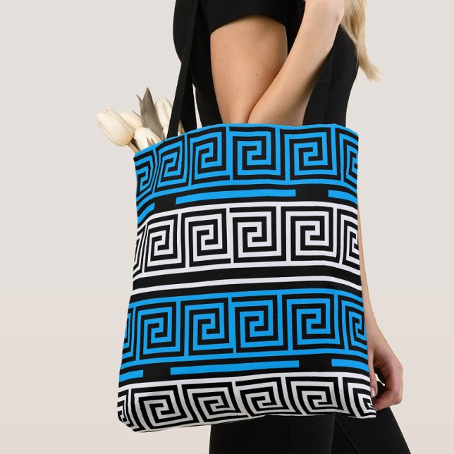 Tote Bag Motif de conception de clé grecque bleu noir blanc (Créateur téléchargé)