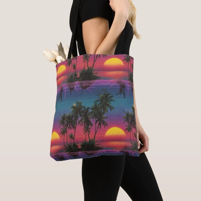 Tote Bag Motif de coucher de soleil palmier Synthwave Rétro (De près)