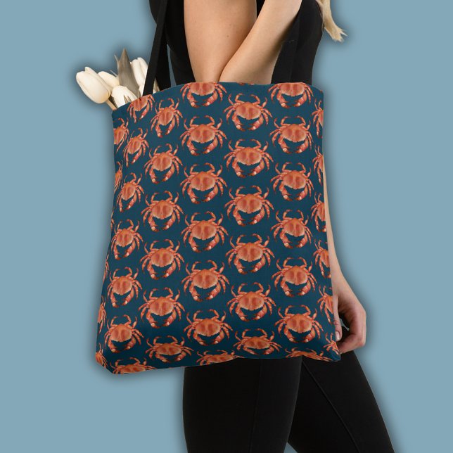 Tote Bag Motif de crabe côtier (Brown crab coastal crustacean tote bag on  blue)