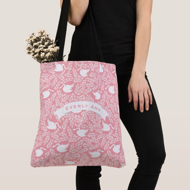 Tote Bag Motif de cygne rose et blanc (De près)