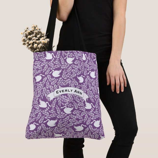Tote Bag Motif de cygne violet et blanc (De près)