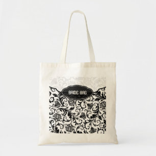 Tote Bag Motif de Damas florales noir et blanc - Monogramme