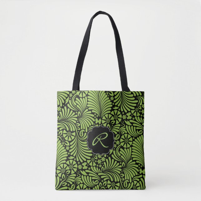 Tote Bag Motif de Damas Tropical vert avec Monogramme (Devant)
