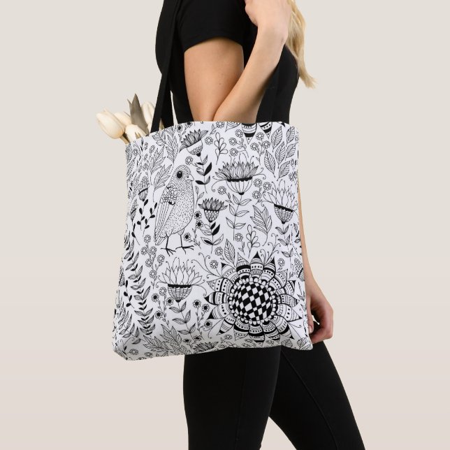 Tote Bag Motif de doodle d'oiseaux et de fleurs (De près)