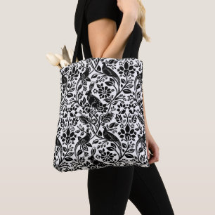 Tote Bag Motif de faisan et lièvre, blanc et noir