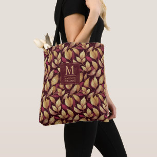 Tote Bag Motif de feuilles d'automne pailleté or marron rou