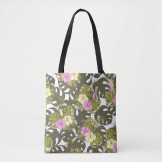 Tote Bag Motif de feuilles de jungle tropicale et d'hibiscu