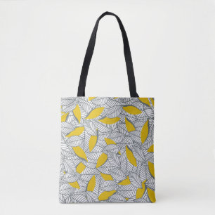 Tote Bag Motif de feuilles gris et jaune.