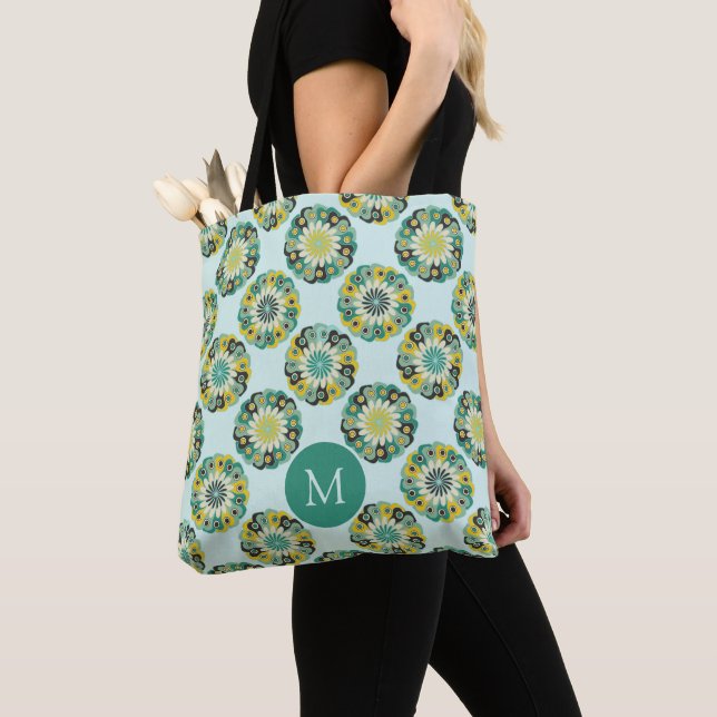 Tote Bag Motif de fleur moderne en vert sarcelle Monogramme (De près)