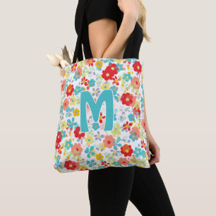 Tote Bag Motif de fleurs bleu aqua rose personnalisé coloré