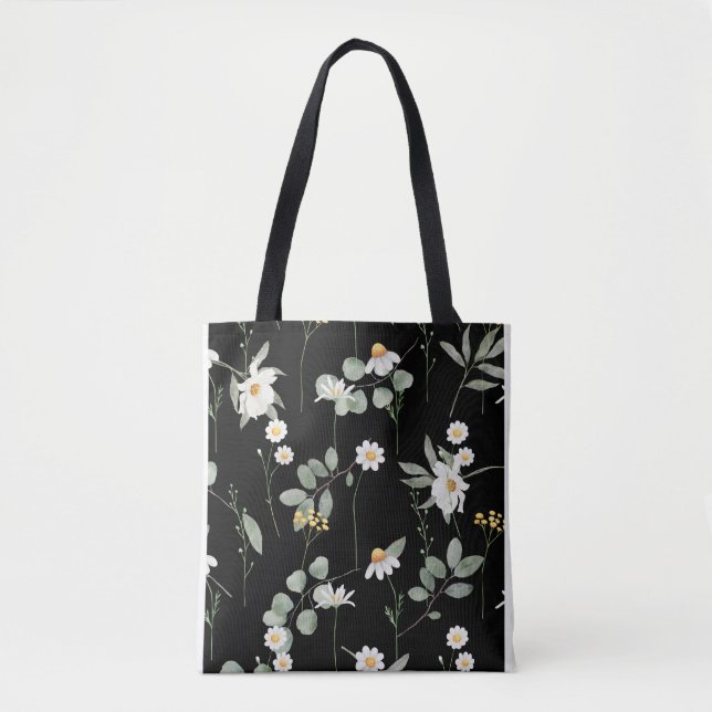 Tote Bag Motif de fleurs botaniques Noir (Devant)