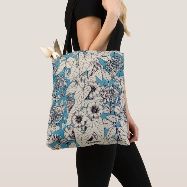 Tote Bag Motif de fleurs en bleu blanc (De près)