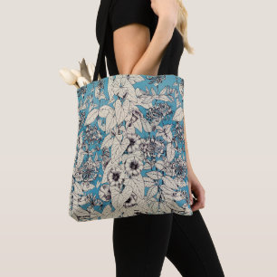 Tote Bag Motif de fleurs en bleu blanc