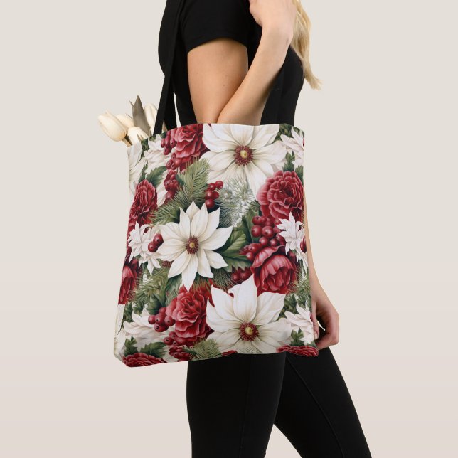 Tote Bag Motif de fleurs et feuilles de Noël rustique vinta (De près)