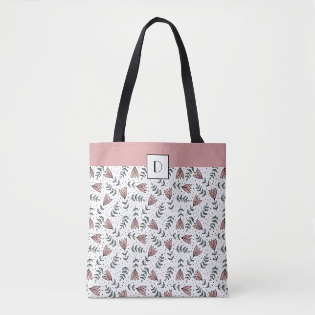 Tote Bag Motif de fleurs florales roses mignonnes monogramm (Devant)