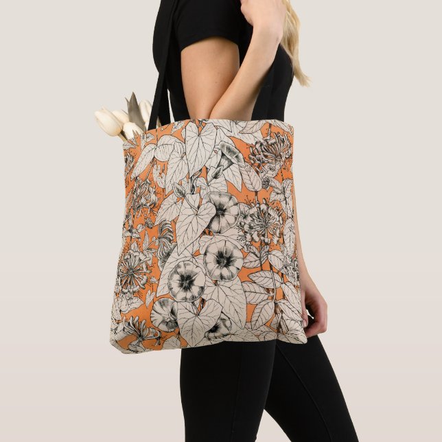 Tote Bag Motif de fleurs graphiques blanches orange (De près)
